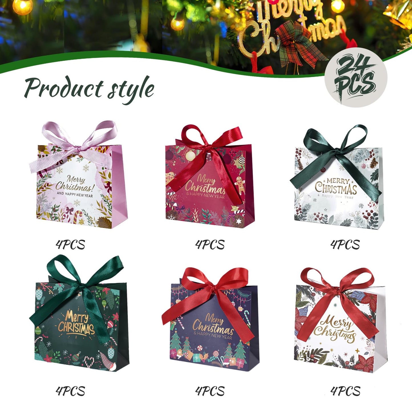 24 Pack Christmas Mini Gift Bags,5.5x 2.5x4.7 Inch Small Xmas Goodie Bags with Ribbon for Kids, Holiday Party Favors Boxes for Candy, Cookies, Jewelry, Christmas Tree Decoration