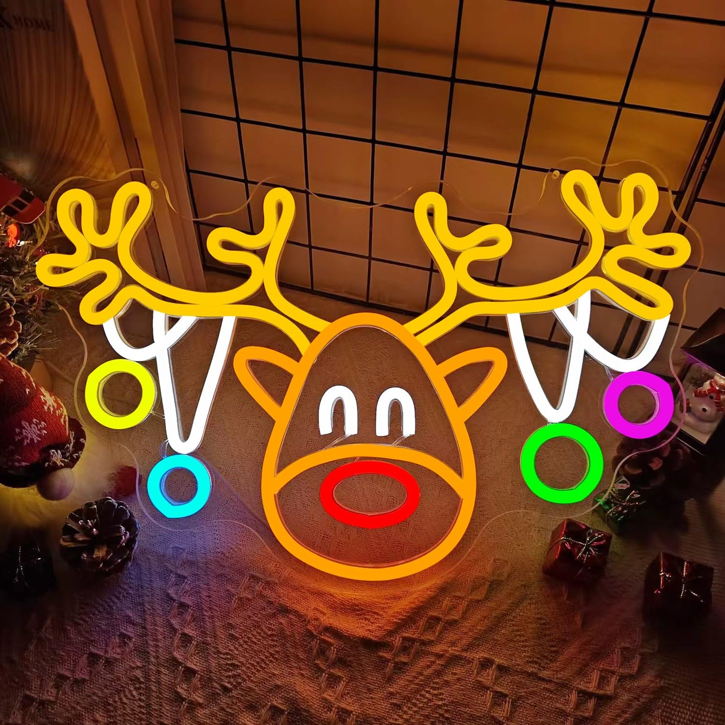 Christmas Reindeer Neon Sign Dimmable Elk Neon Light Sign for Wall Decor Christmas Neon Window Lights, Deer Neon Sign for Bedroom Living Room LED Reindeer Christ-mas Party Decoration