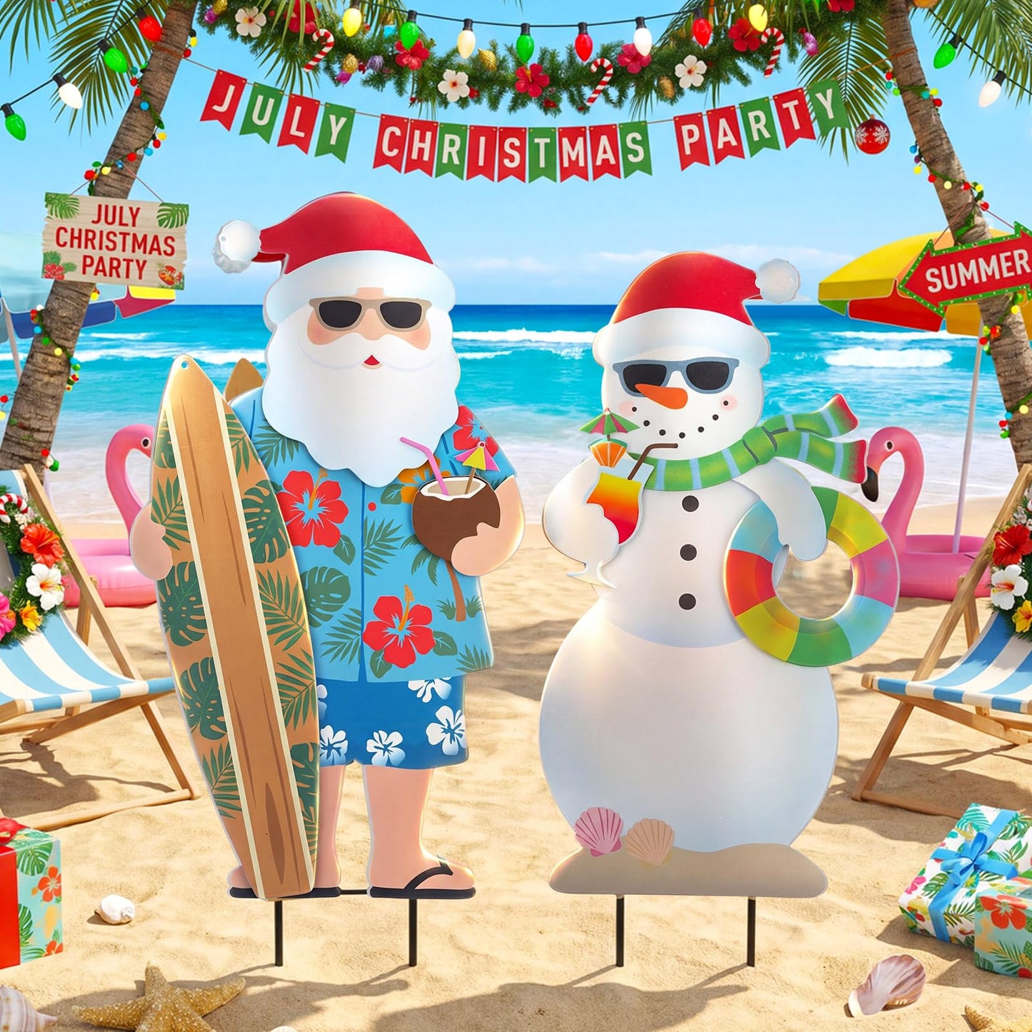 Leinuosen 2 Pcs Metal Christmas in July Yard Signs with Stake July Christmas Yard Decorations Beach Santa and Snowman Stake Signs Tropical Hawaiian Decor for Outdoor Garden Lawn Patio Walkway Pathway