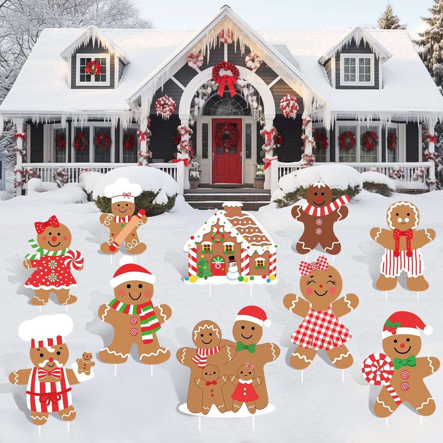 10Pcs Christmas Gingerbread Decorations Outdoor, Gingerbread Man Yard Signs with Stakes Xmas Gingerbread Lawn Signs for Xmas Holiday Garden Lawn Patio Pathway Decor Outside