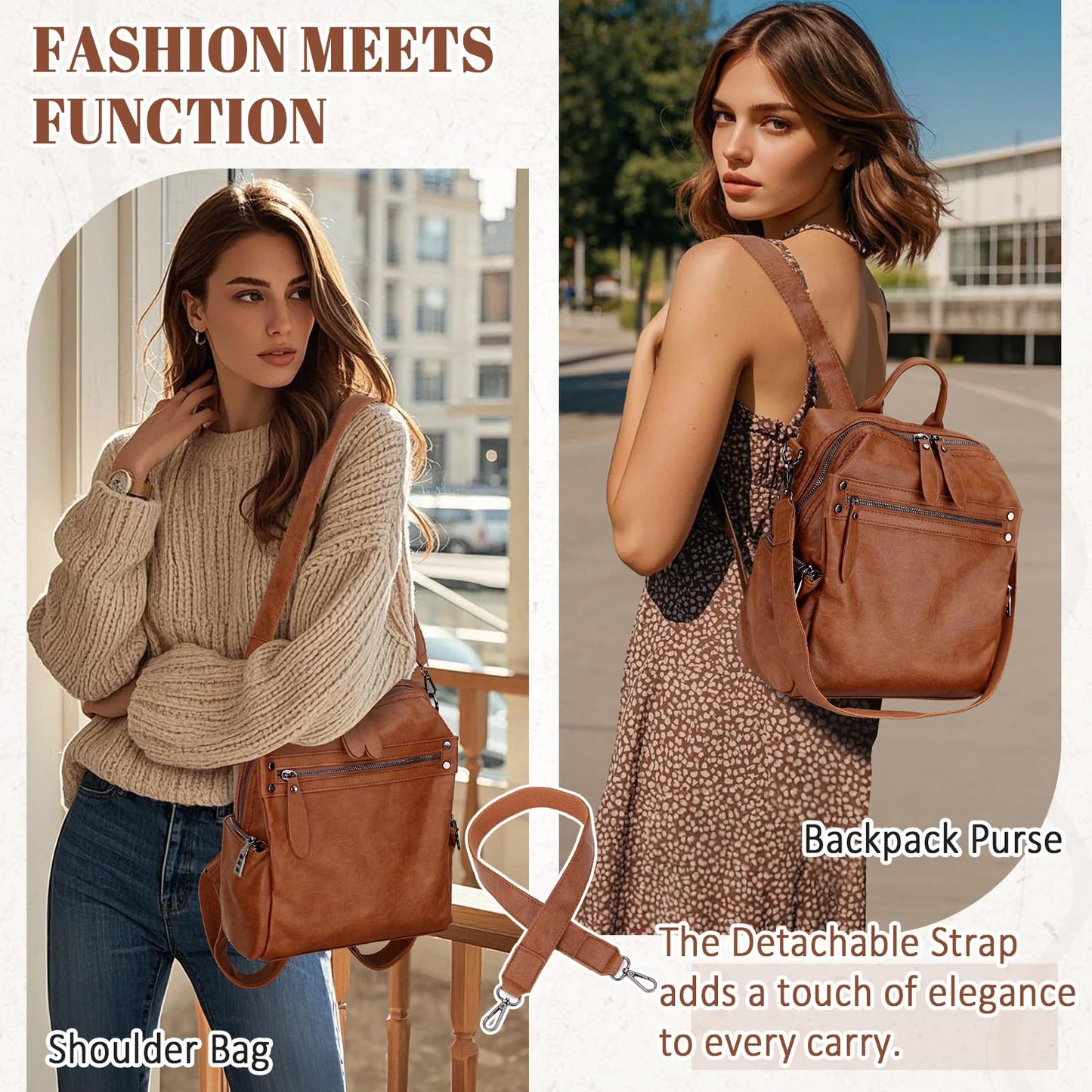 VX VONXURY Backpack Purse for Women, PU Leather Fashion Convertible Backpack Shoulder Bag Ladies Rucksack In 2 Ways To Carry Brown
