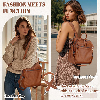 VX VONXURY Backpack Purse for Women, PU Leather Fashion Convertible Backpack Shoulder Bag Ladies Rucksack In 2 Ways To Carry Brown