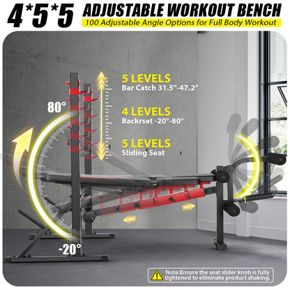 OPPSDECOR 900LBS Weight Bench Set with Squat Rack Foldable Bench Press Set with Leg Extension & Leg Curl Professional Flat/Incline/Decline Workout Bench for Home Gym Full Body Exercise