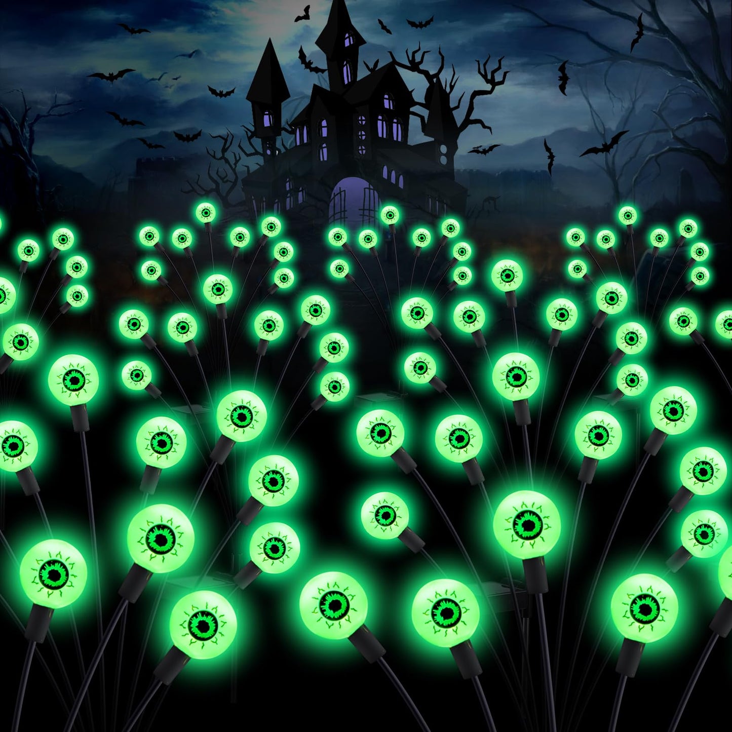 ASMAD Halloween Decorations Outdoor Solar Scary-Eyeball Lights, 4Pack 32LEDs Green Eyeball Swaying Firefly-Lights, Waterproof Solar-Path-Lights for Garden/Yard/Patio/Party Decor