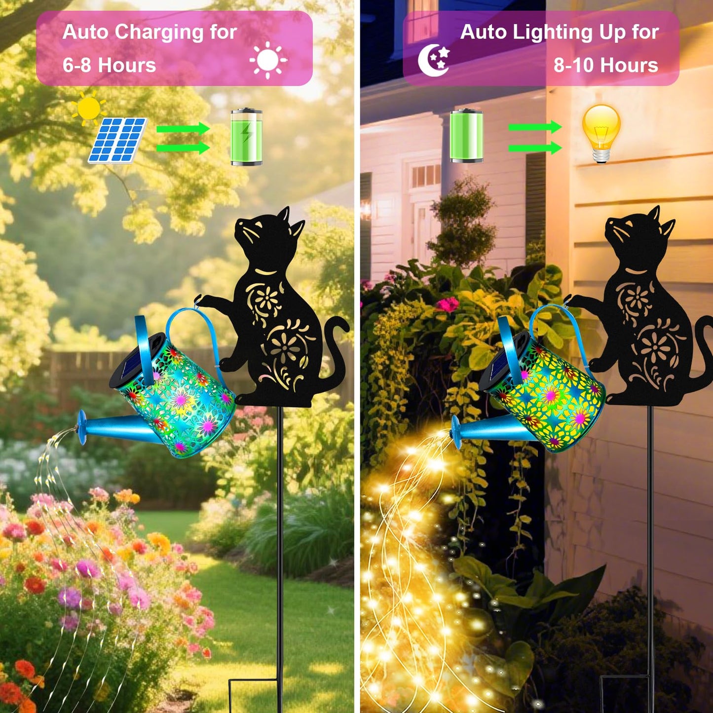 yulloyello Black Cat Solar Watering Can Lights, Birthday Gifts for Women Mom Christmas, Yard Decorations Outdoor Waterproof, Blue Metal Hanging Lantern Solar Lights Garden Decor Patio Pathway, 2 Pack