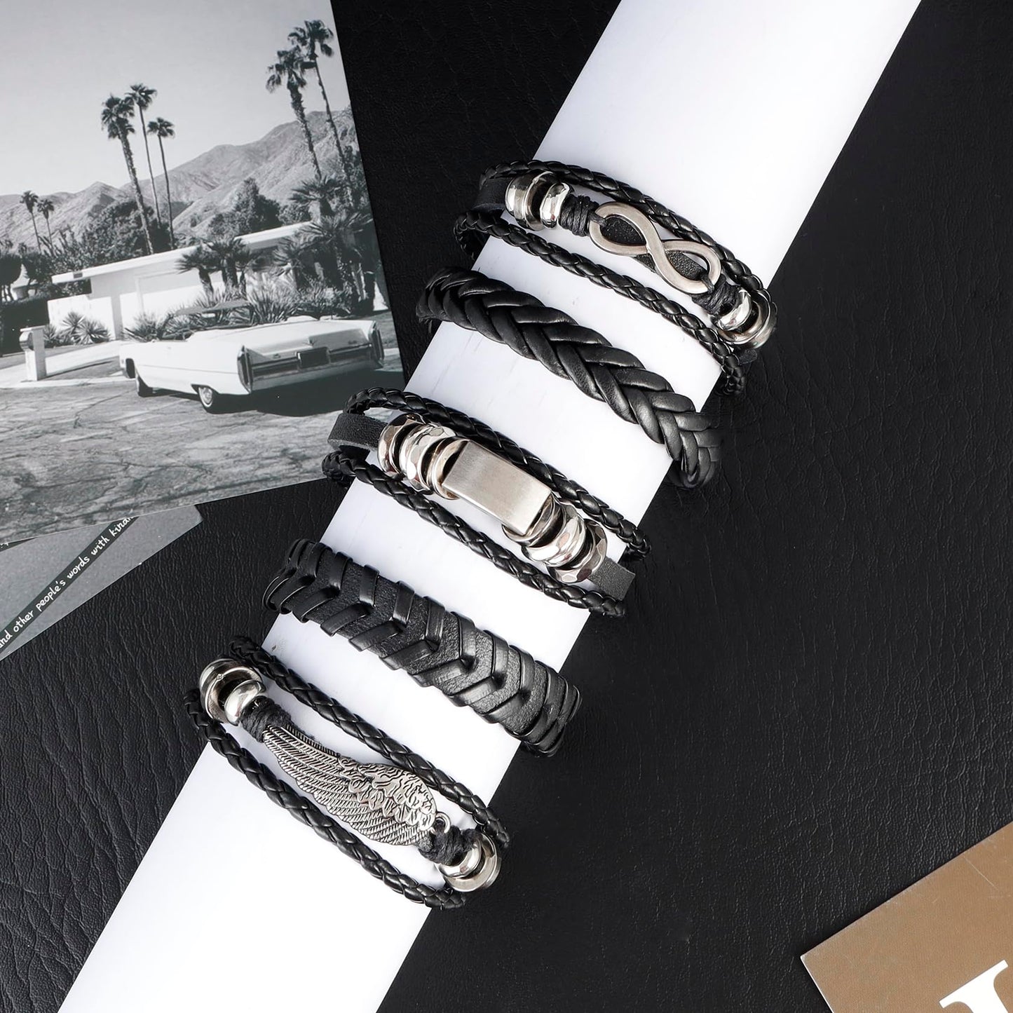 MILAKOO 5Pcs Punk Bracelets for Men Stainless Steel Clasp Woven Braided Leather Wristband Goth Style