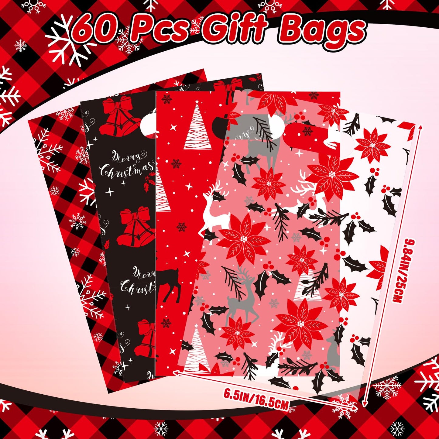 Teenyyou 60 Pcs Christmas Party Gift Bags Plastic Poinsettias Treat Bags Plaid Snowflakes Bells Reindeer Candy Goodie Handbags for Festive Holiday Winter Theme Favors Supplies