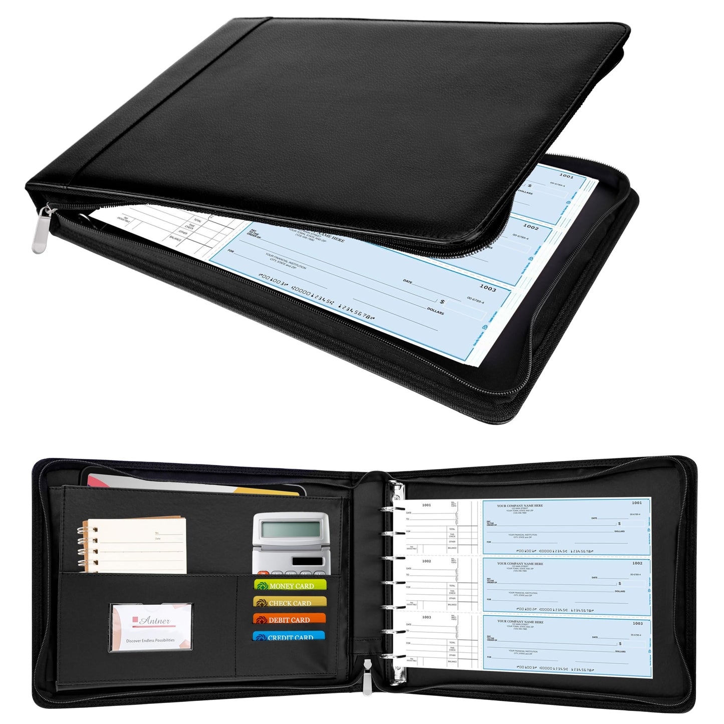 Antner Zippered 7 Ring Business Checkbook Binder Portfolio for 3-on-a-Page Business Checks, 600 Checks Capacity, PU Leather Check Book Binder Cover for 9x13 Sheets, Built-in Storage Organizer, Black