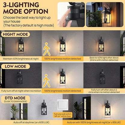 18.9" Black Motion Sensor Outdoor Wall Lantern, 2-Light Industrial Porch Light with Clear Glass Waterproof Exterior Light Fixture Sconce for Outside Porch, Patio, and Garage (1 Pack)