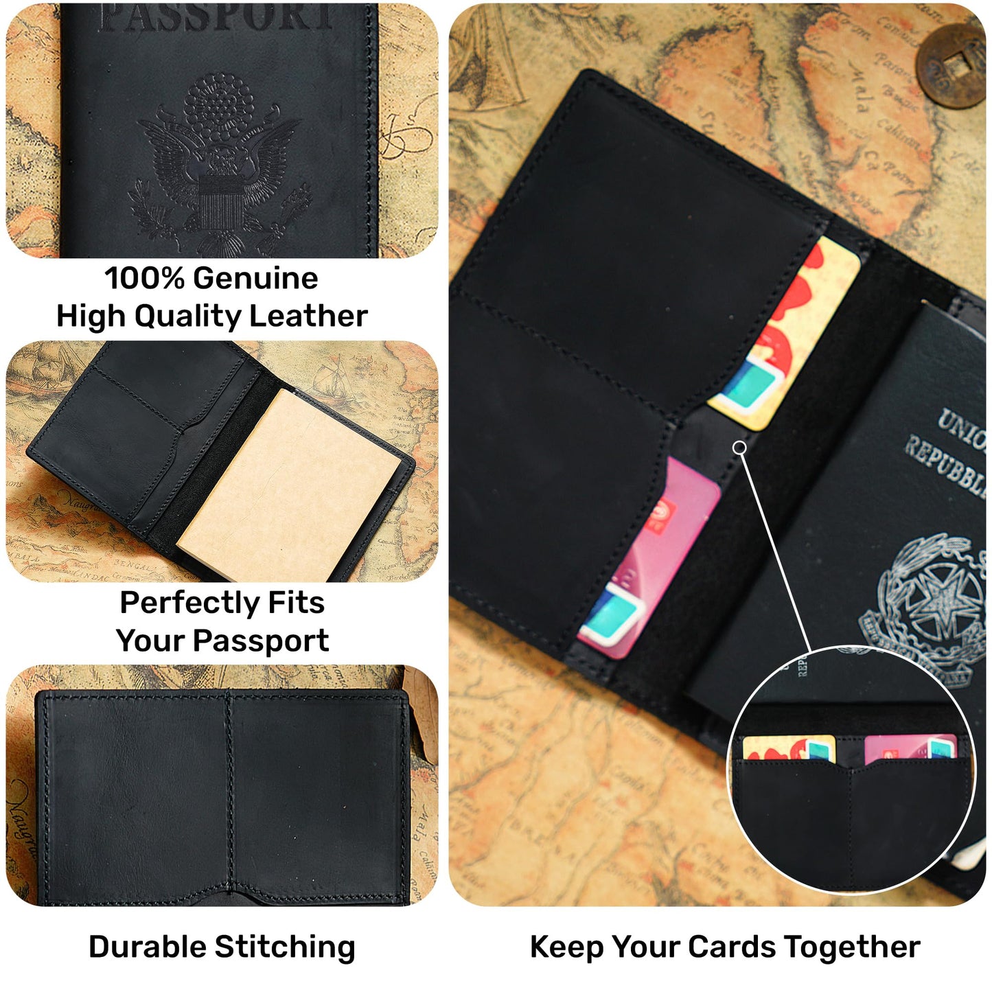 HIFA Leather Passport Holder, Handmade Passport Cover with Card and Ticket Slot - Genuine Leather, Elegant Design, Easy Access - Passport Case, Passport Wallet, Passport Holder