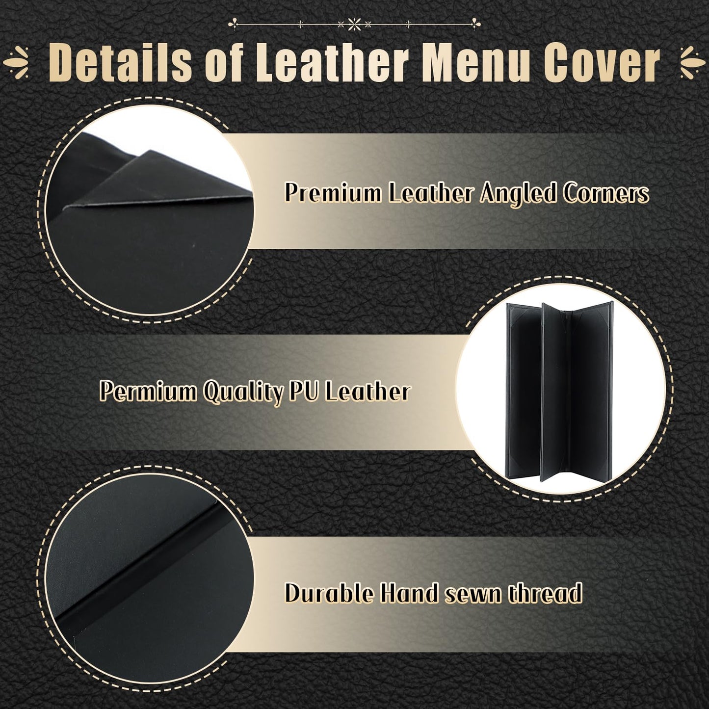 FLKQC 15 Pack Restaurant Menu Covers Holders 4.25" X 11", 3 Page 4 View Synthetic Leather Menu Holder Covers Book Style with Angled Corners Black for Wine List, Morning Menu, Wine Menu (15, 3 Page)