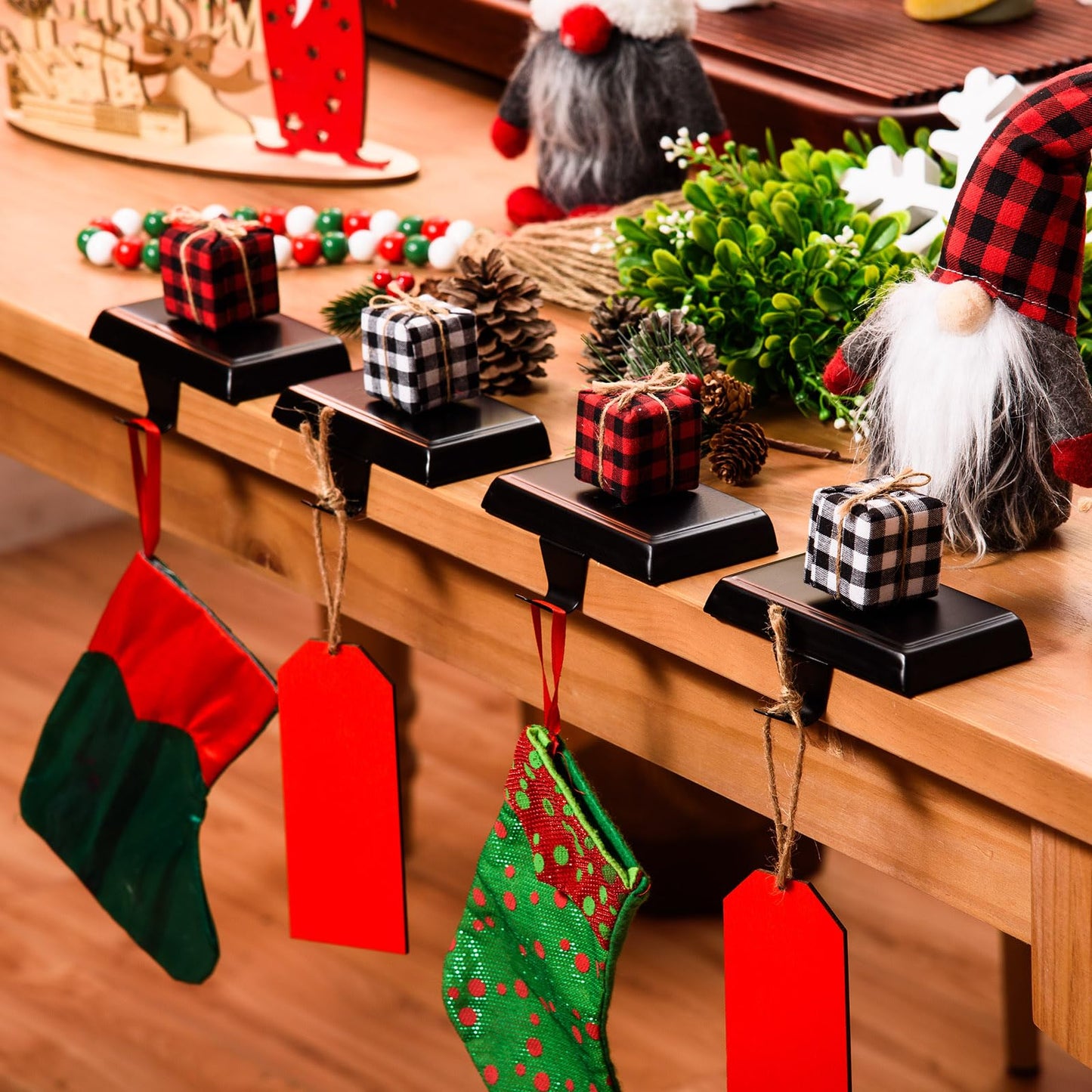 Festanlee 4 Pack Christmas Stocking Holders Ornament Hooks Mantel Weighted Stocking Hangers Metal Hanging Hooks Heavy Duty Stocking Holders Bases for Mantel Fireplace Party Decoration (Black, 4)
