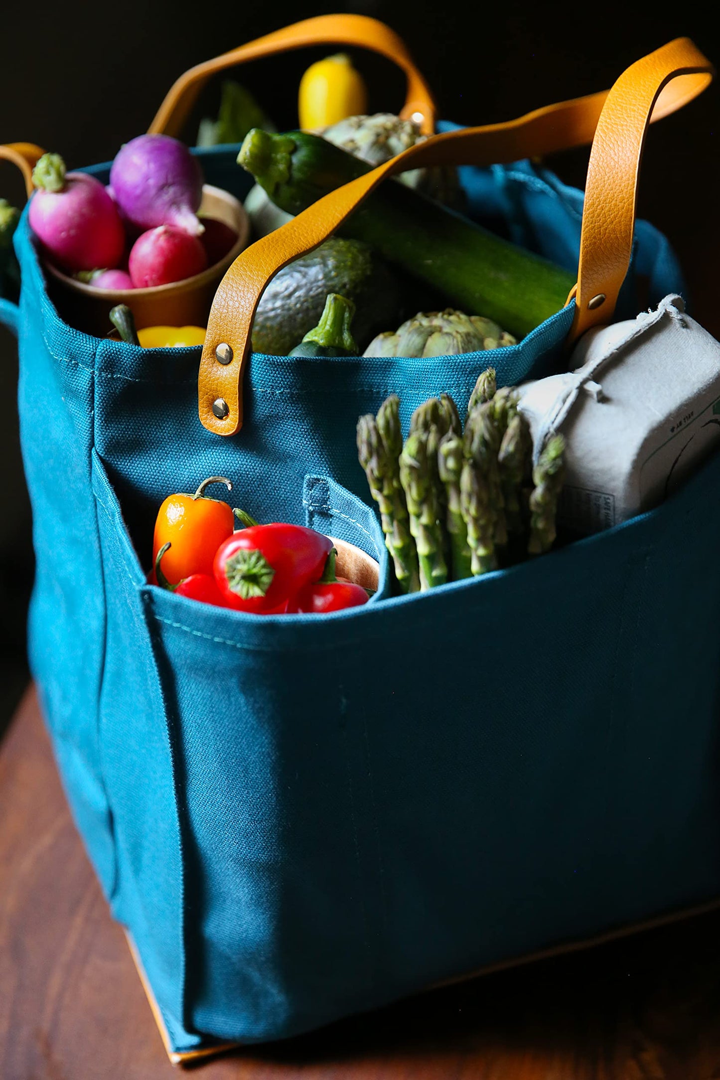 CapaBunga Farmer's Market Tote Shopping Bags with Handles - 7 Pocket Large Utility Tote Bag - Heavy Duty Canvas Utility Bag with Vegan Leather Base - Reusable Tote Bag - Petrol Blue Grocery Bag