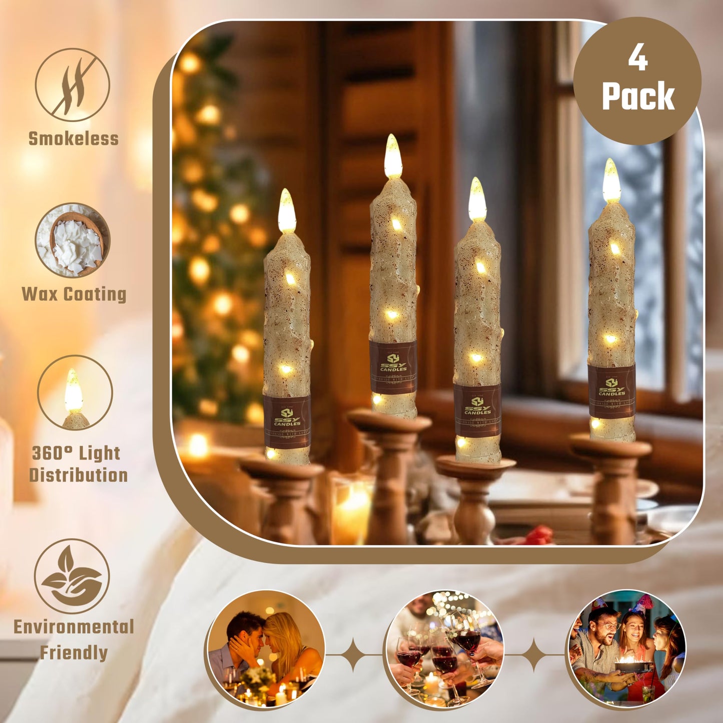 6.5 inch Natural Wood Color Flameless Taper Candles LED Flickering with 10-Key Remote, Battery Operated Led Warm 3D Wick Light Window Candles Real Wax Pack of 4, Christmas Home Wedding Decor