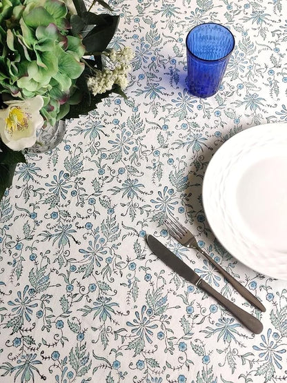 ATOSII Aster Blue 100% Cotton Fall Tablecloth, Handblock Floral Print Rectangle Linen for Kitchen Dining I Parties Weddings Christmas Thanksgiving Easter Outdoors I 72 X 108 Inches I 8 Seater Table