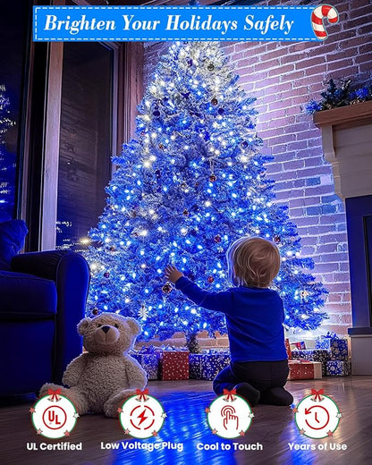355FT 900 LED Christmas Lights, Extra Long Outdoor String Lights Waterproof, Timer & Memory, 8 Modes Dimmable Plug in Fairy Lights for Outside Tree Wedding Patry Holiday Decorations, Blue and White