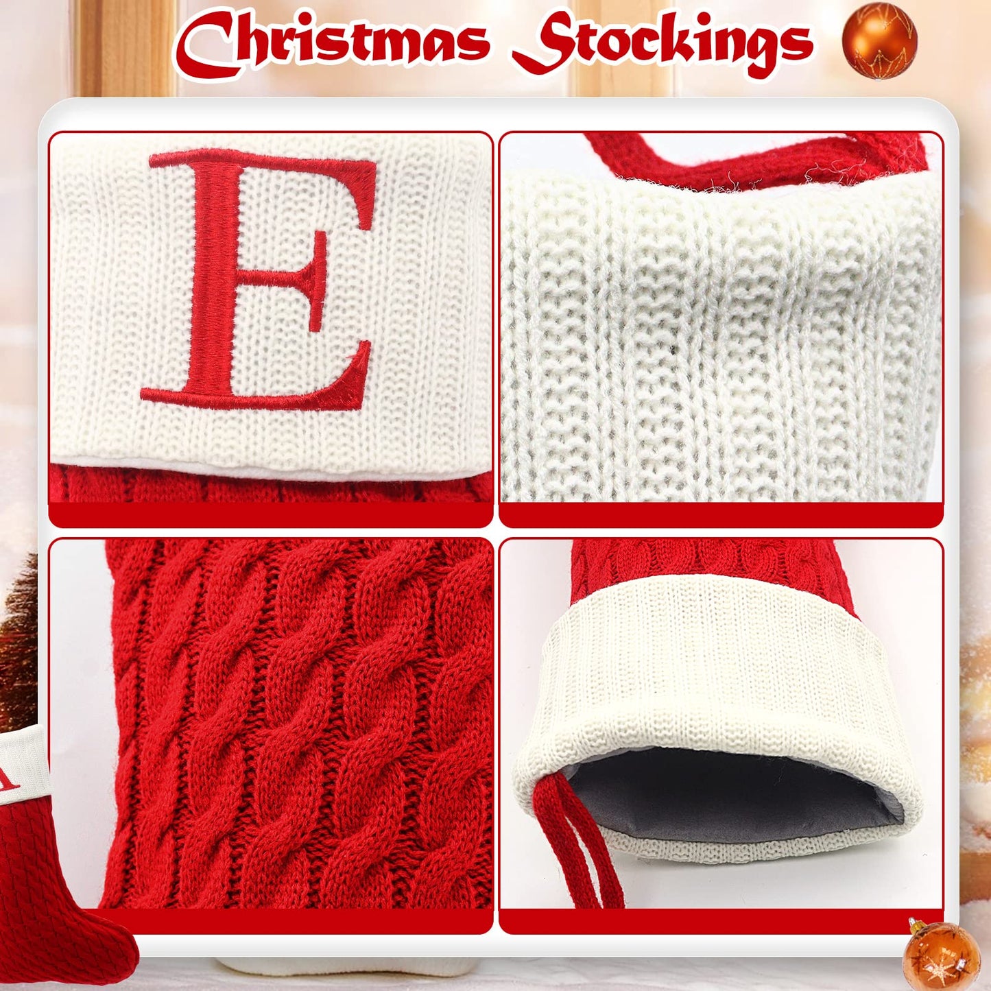 ZOEA 20 Inches Christmas Stockings with Initials, Large Embroidered Letter Knit Christmas Stocking for Family Holiday Decorations and Xmas Gift (E, Red)