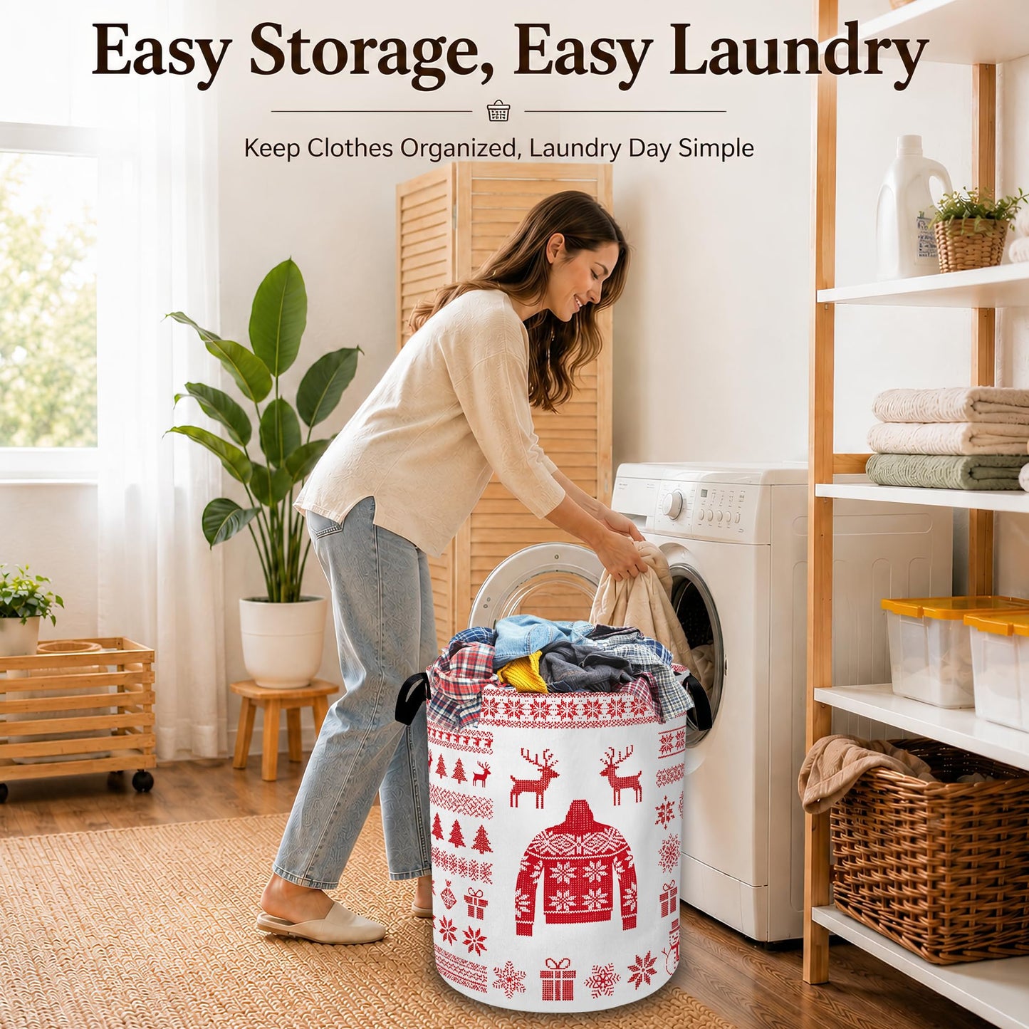 Christmas Cloth Laundry Basket with Handles, Foldable Tall Oxford Clothes Hamper, Lightweight Water-Resistant Storage Bin for Bedroom Bathroom College Dorm, 16 x 20.8 Inch