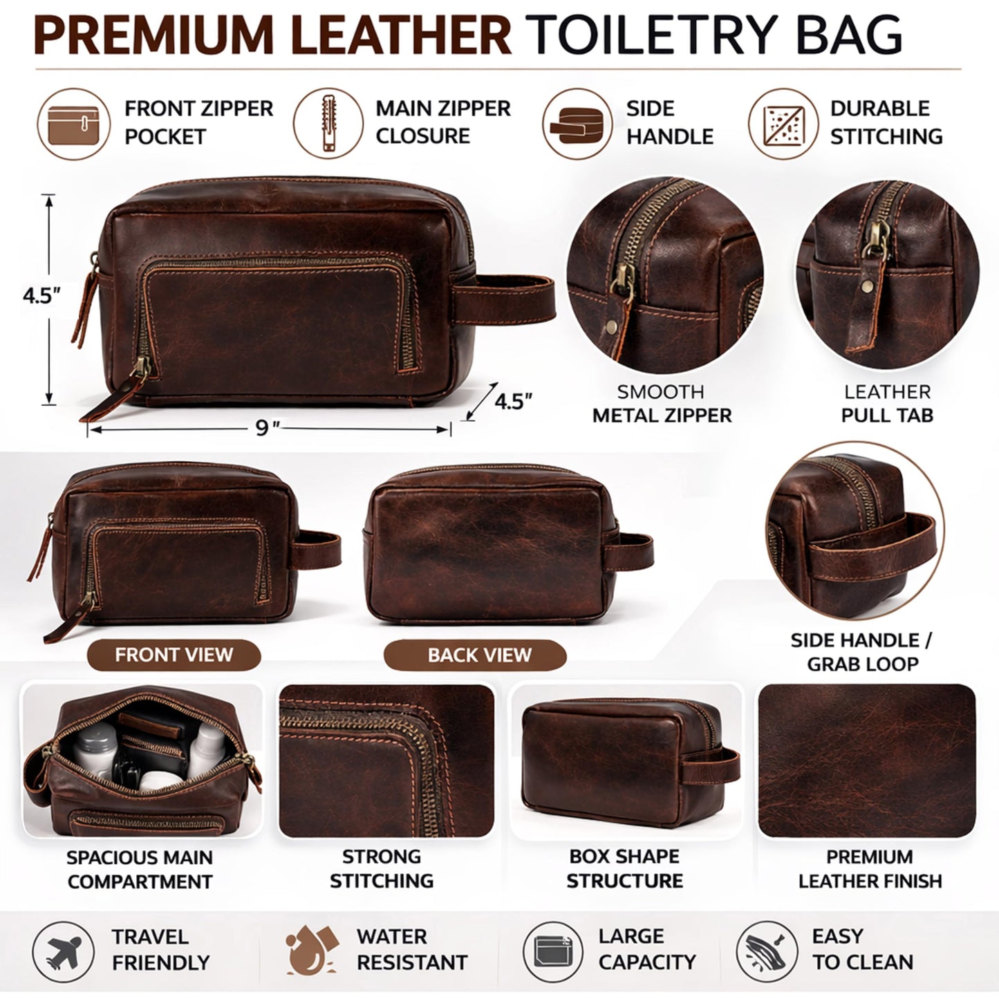 Men's Toiletry Bag Leather Travel Toiletry Bag Dopp Kit for Men Shaving Bag for Travel Accessories 101 YEAR QUALITY REPLACEMENT WARRENTY