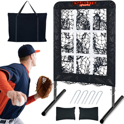 9 Hole Pitching Net with Strike Zone, Baseball Pitching Target, Softball Pitching Net, Portable Pitcher Training Equipment Height Adjustable（Black）