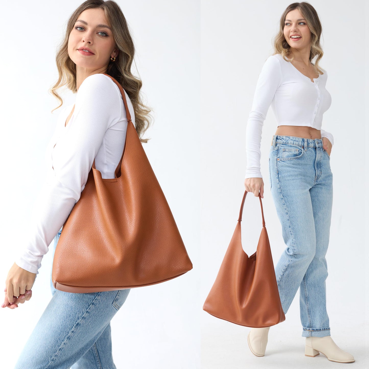 Hobo Bags for Women Soft Vegan Leather Shoulder Handbag Slouchy Tote Purses (Orange-brown)