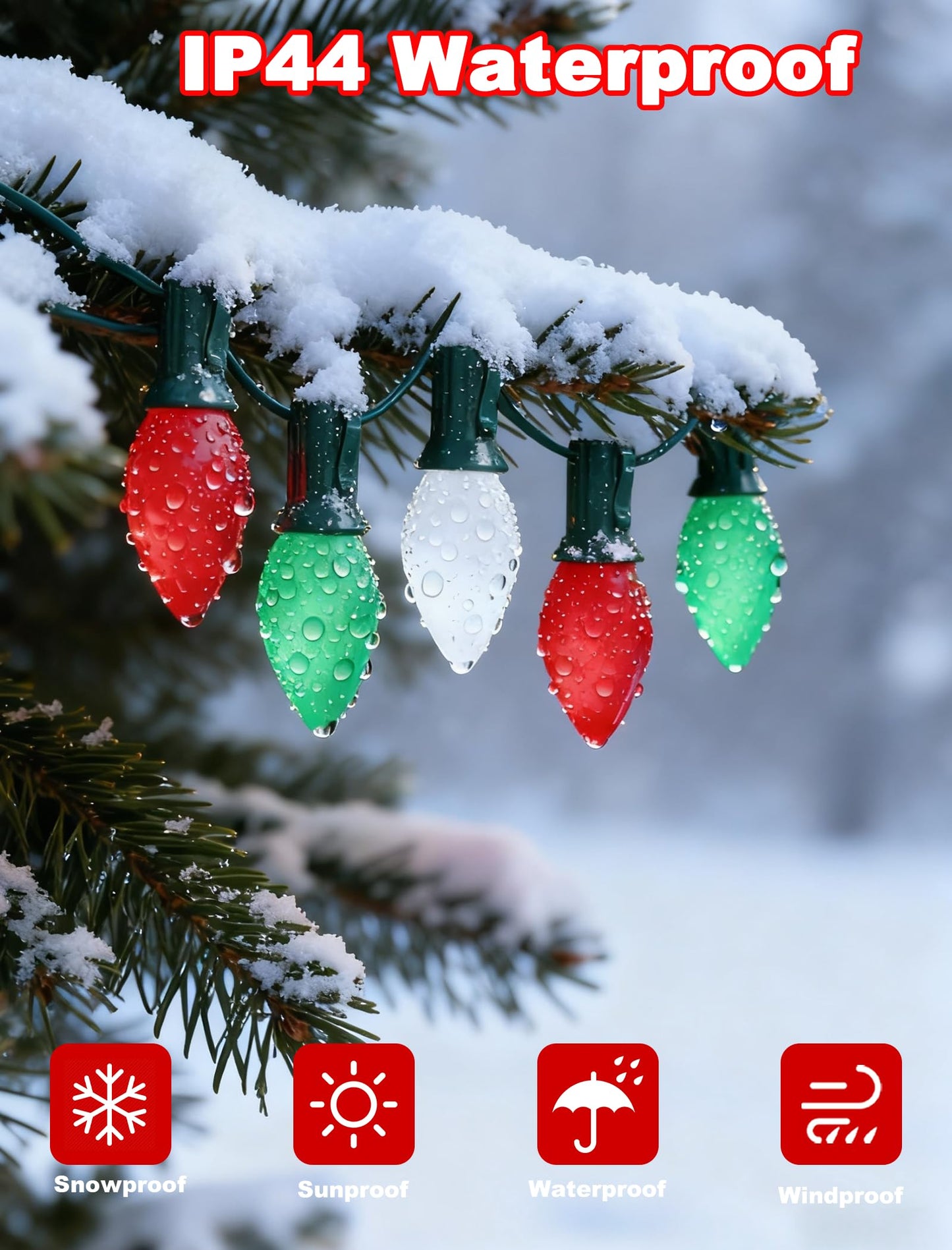 C7 LED Christmas Lights Outdoor - 25ft Red White and Green String Lights With 27 Ceramic Bulbs(2 Spare), Waterproof Commercial Grade Extendable for Indoor Outdoor Roofline Patio Yard Xmas Decor