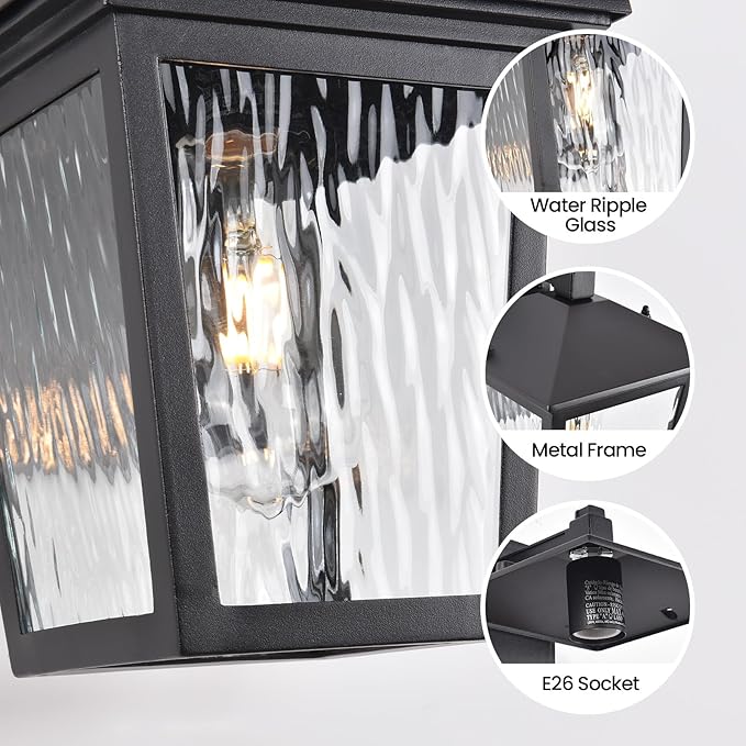 Outdoor Wall Light, Exterior Waterproof Wall Sconce in Black, Anti-Rust Outdoor Light Fixture with Water Glass, Modern Outdoor Wall Lantern for House Balcony Entryway Garage