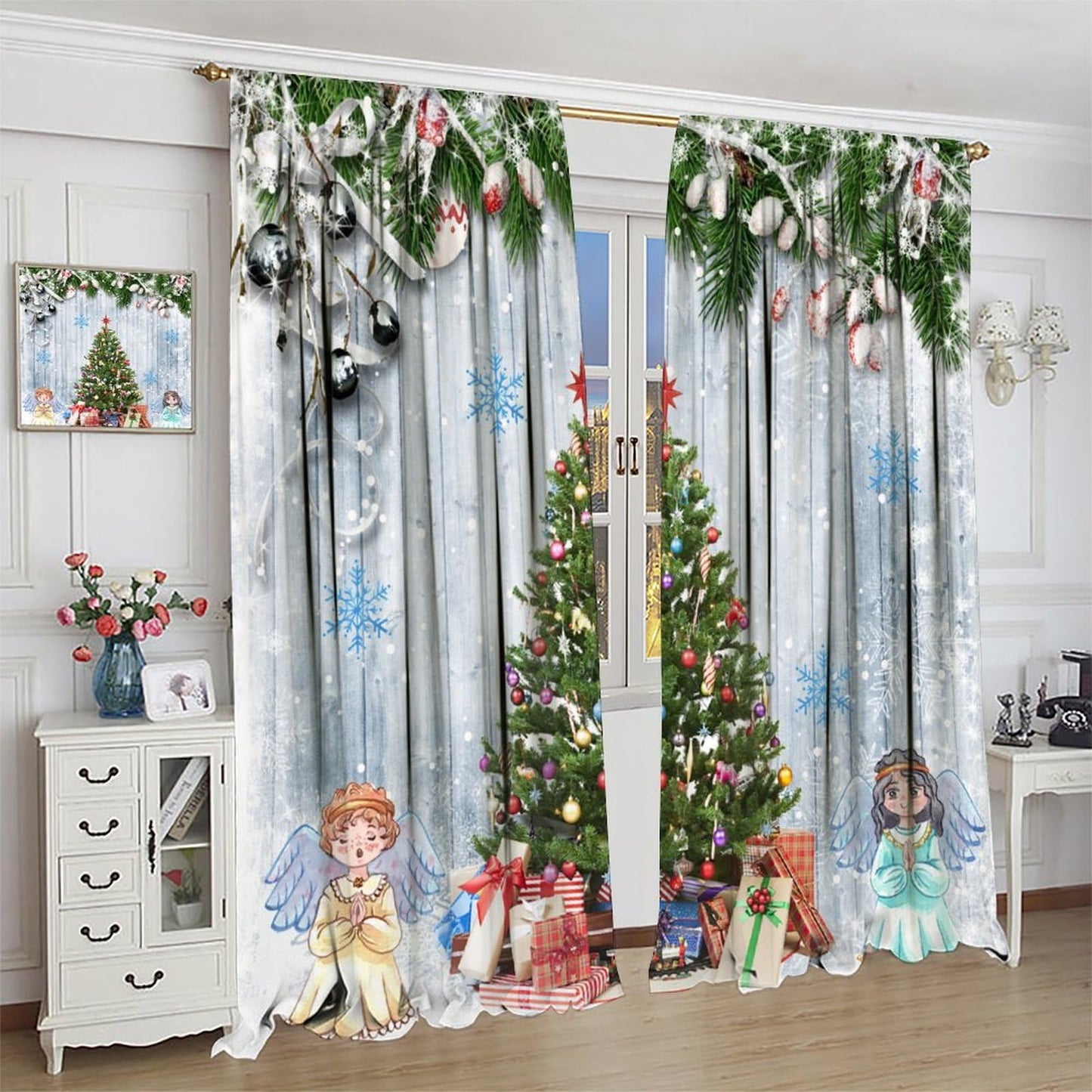 FengMingRui Kids Christmas Curtain for Bedroom Angel Pine Tree Christmas Tree Pine Leaves Winter Holiday Christmas Decor Window Drapes 52" W X 84" L