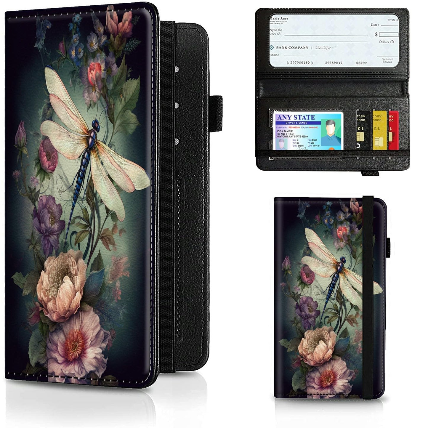 BREIDMKFM Leather RFID Check Book Cover with Credit Card Slots, Personal Duplicate Checks Holder with Pen Holder, Dragonfly Peony
