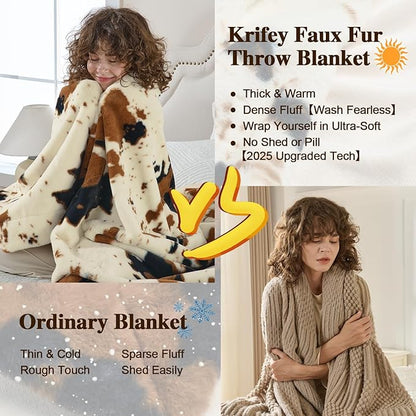 Krifey Faux Fur Blanket for Dorm Bed, Soft Couch Throw, Cozy Fuzzy Plush Thick Warm Blanket, Faux Rabbit Fleece, Christmas Birthday Gifts for Girls Women Mom Men, Room Decor, Animal Cow Print, 60x80in