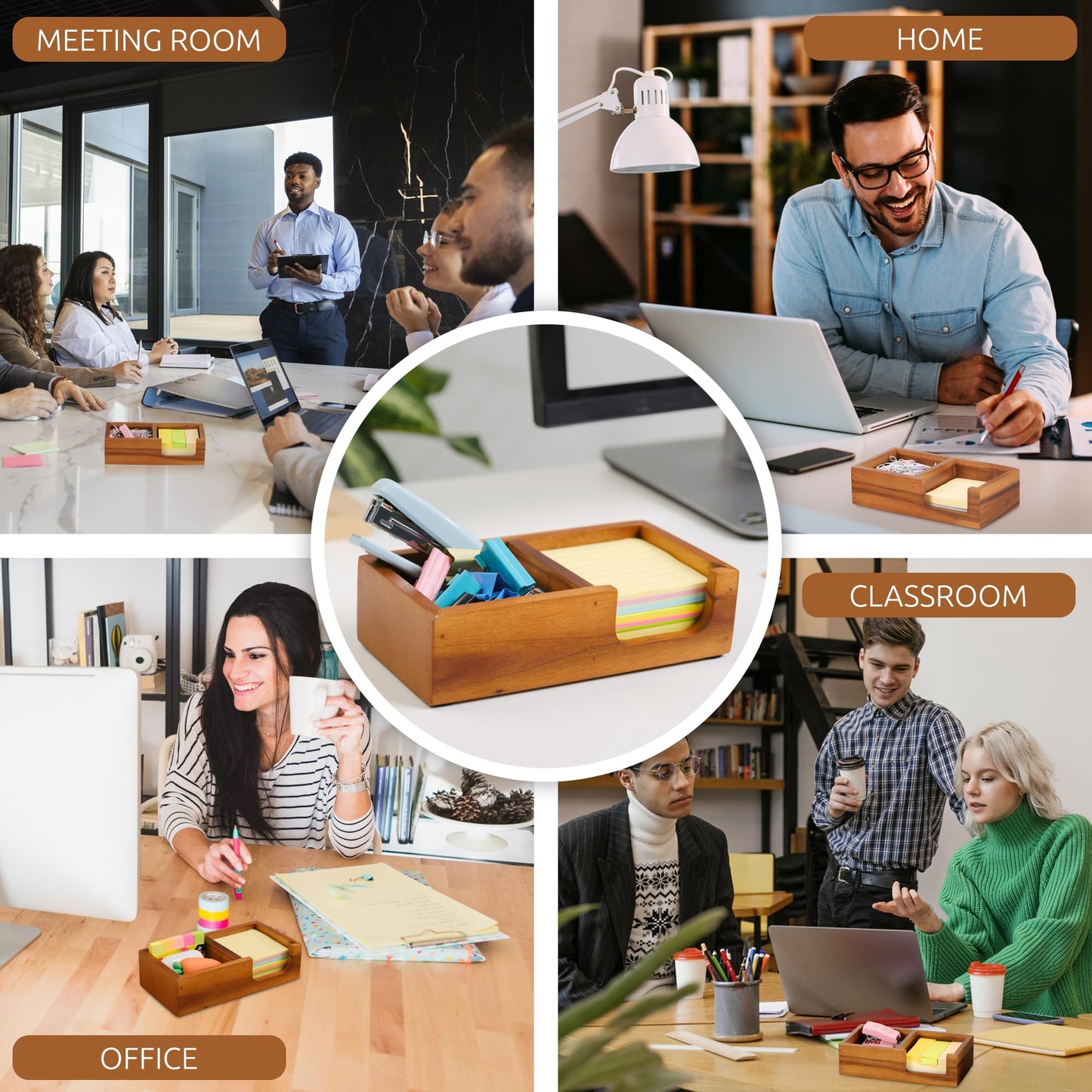 Demigo Wooden Sticky Note Holder for Desk – Solid Acacia Wood Organizer for 3x3 Note Pads, Paper Clips, Office Supplies – Compact Memo Pad Holder for Home Office, Teachers