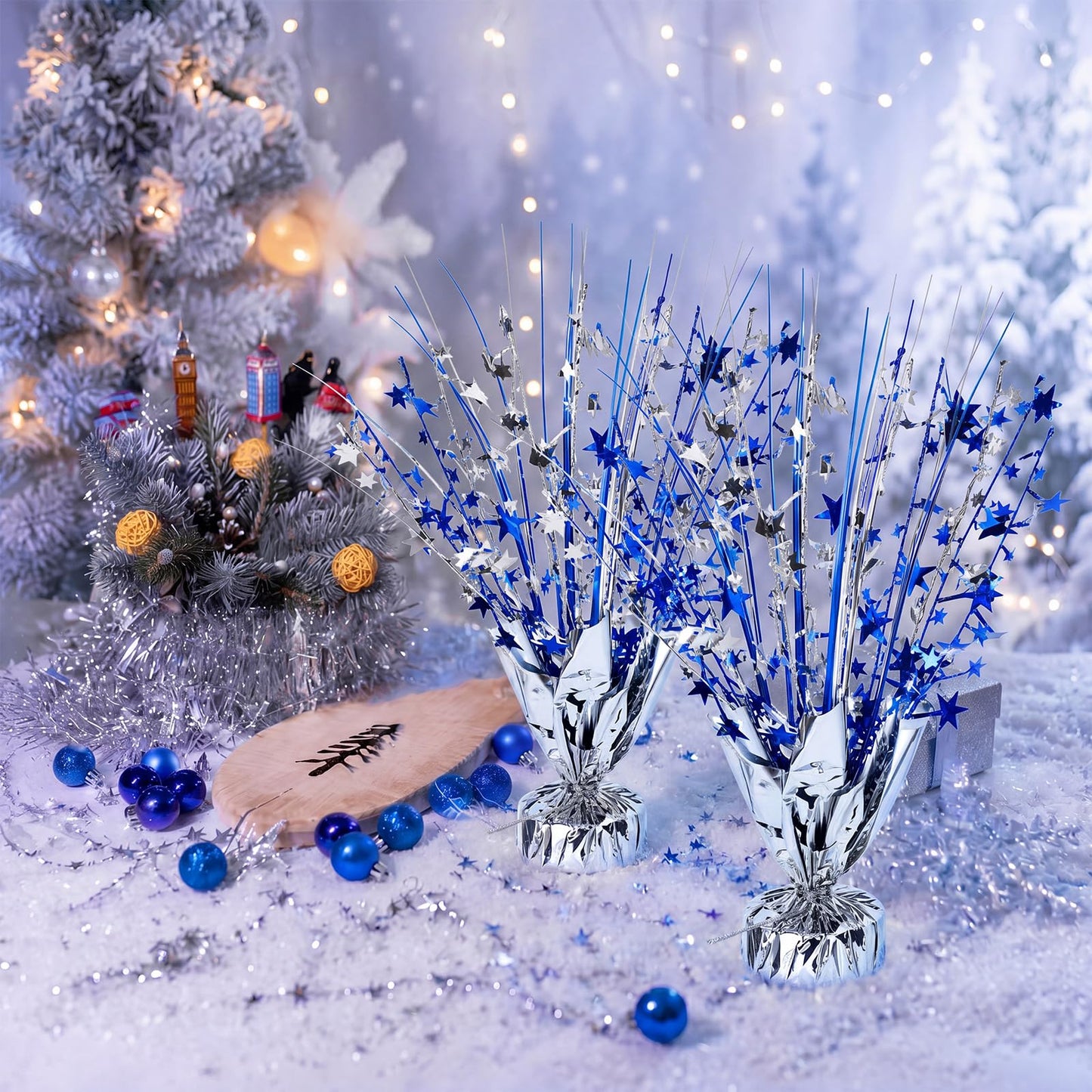 SiliFine 18 Pack Metallic Foil Spray Centerpiece Blue Silver Star Table Decoration Burst Glitter Table Topper Decor for Birthday Wedding Graduation Back to School Shower Party Supplies Decor