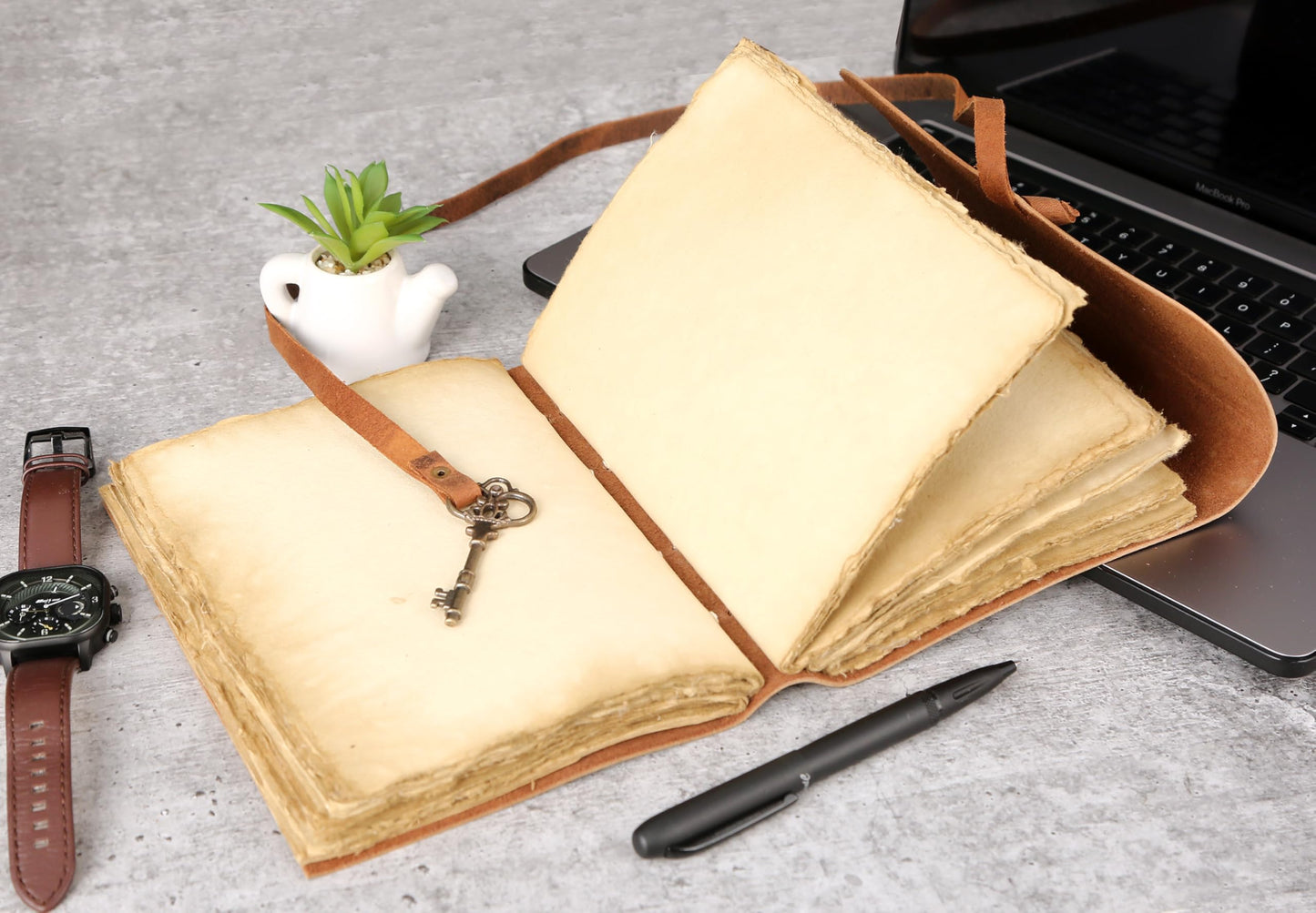 Leather Journal with Deckle Edge Paper 8x6 inch and Vintage Key | Handmade Writing Notebook Diary | Bound Daily Notepad for Men & Women Medium, Sketch/Writing pad for Artists