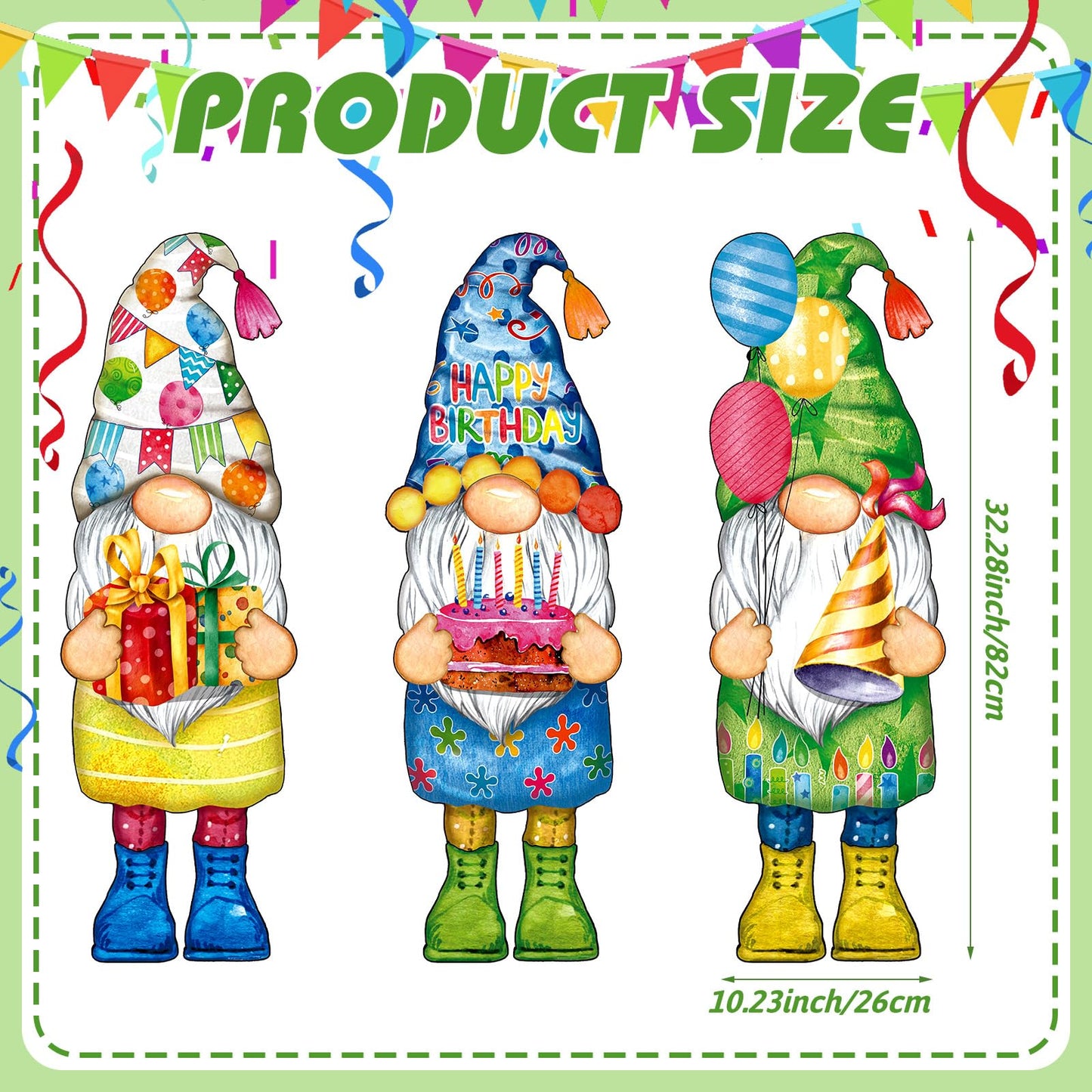 Umigy 3 Pcs 32 x 10 Inch Happy Birthday Yard Decor Outdoor Gnome Sign with Stakes Gift Boxes Cake Balloon Gnome Garden Sign Outdoor Yard Decor for Birthday Party Lawn Decorations
