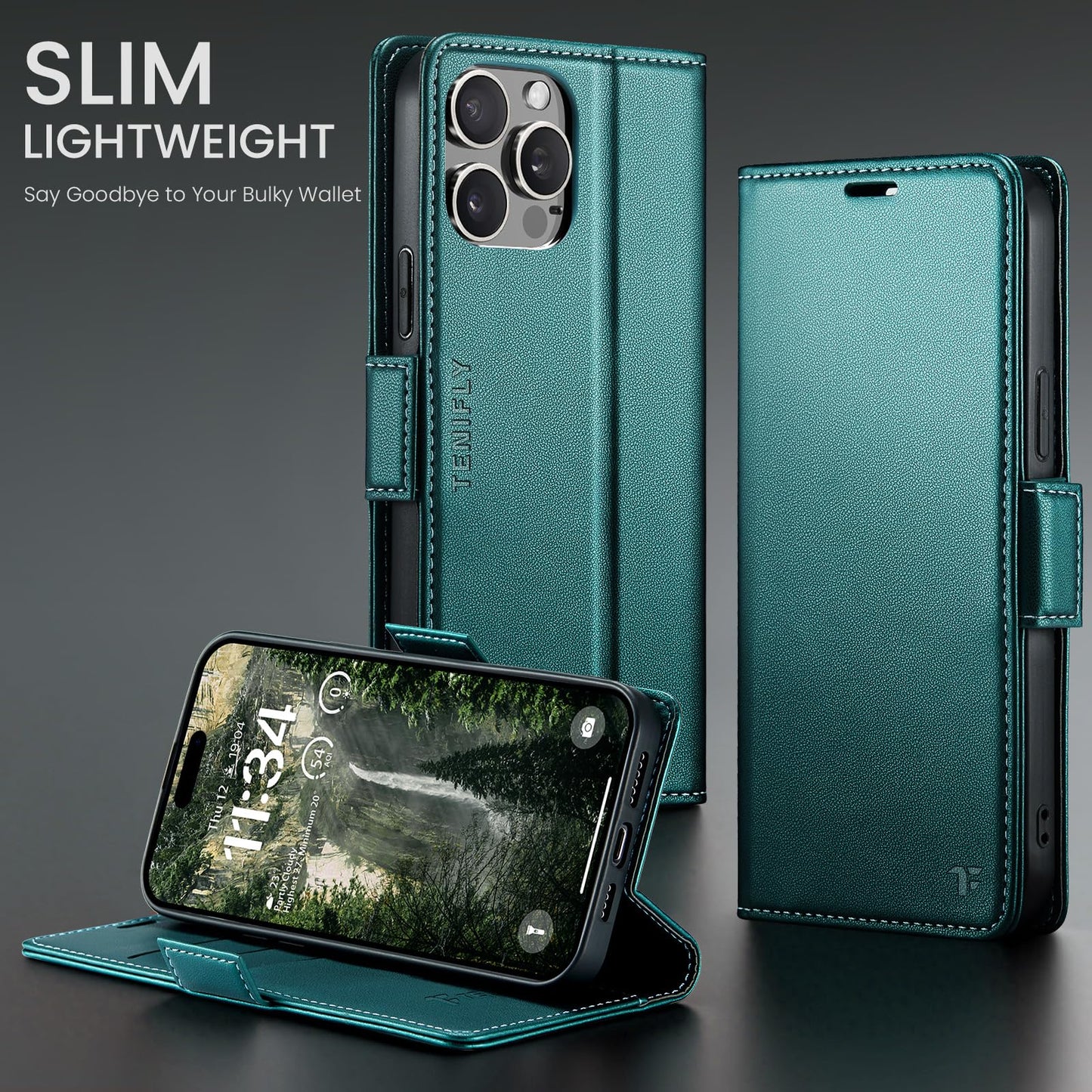 Tenifly for iPhone 15 Pro Max Case Wallet with RFID Blocking Card Holder, PU Leather Kickstand Protective Flip Phone Cover Fit for iPhone 15 Pro Max 6.7", Bluish Green