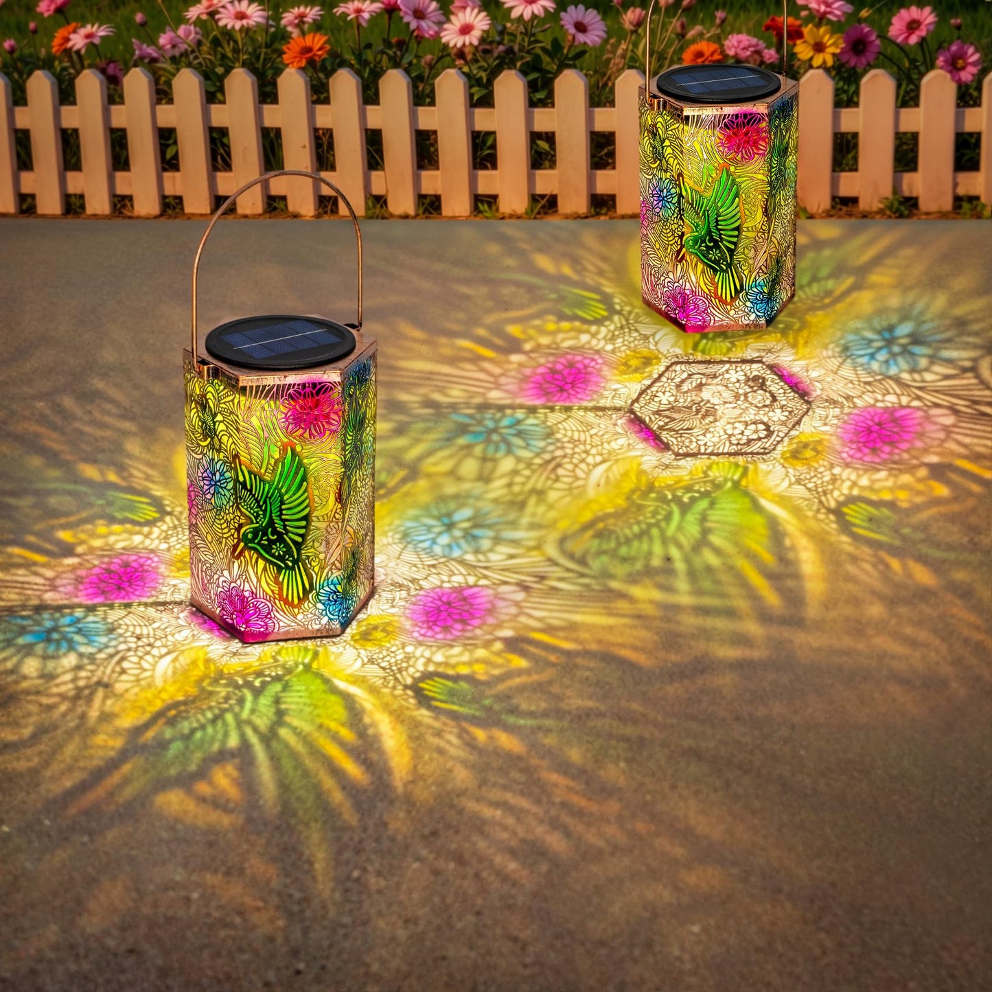 2Pack Solar Outdoor Hummingbird Lanterns Waterproof, Homeimpro Multicolor Solar Garden Lanterns, Mother's Day Christmas Garden Gifts for Mom Women, Backyard Ornaments