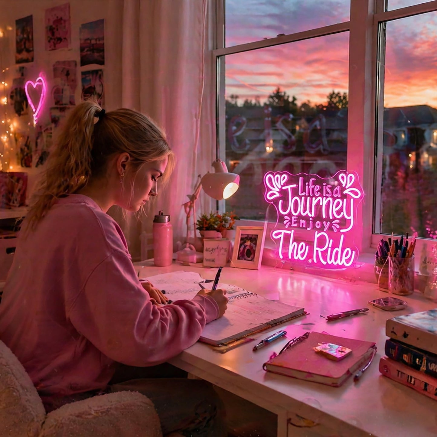 Whfobfe Pink Neon Sign Led Neon Lights Signs for Wall Decor USB Powered Led Signs for Room Decoration-Life is a Journey Enjoy The Ride