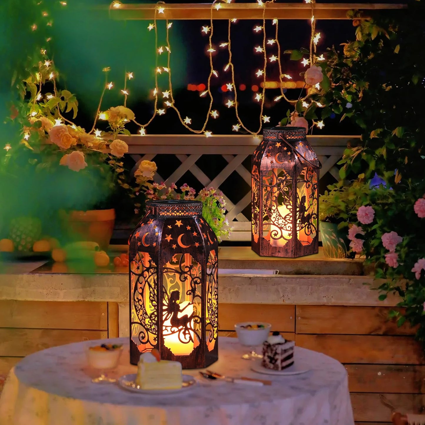Singingarden Solar Lanterns Outdoor Garden Hanging Lantern Waterproof LED Metal Bronze Moon Fairy Lantern Waterproof Flickering Flameless Candle Mission Lights for Table,Patio,Mother's Day Gift(2Pack)