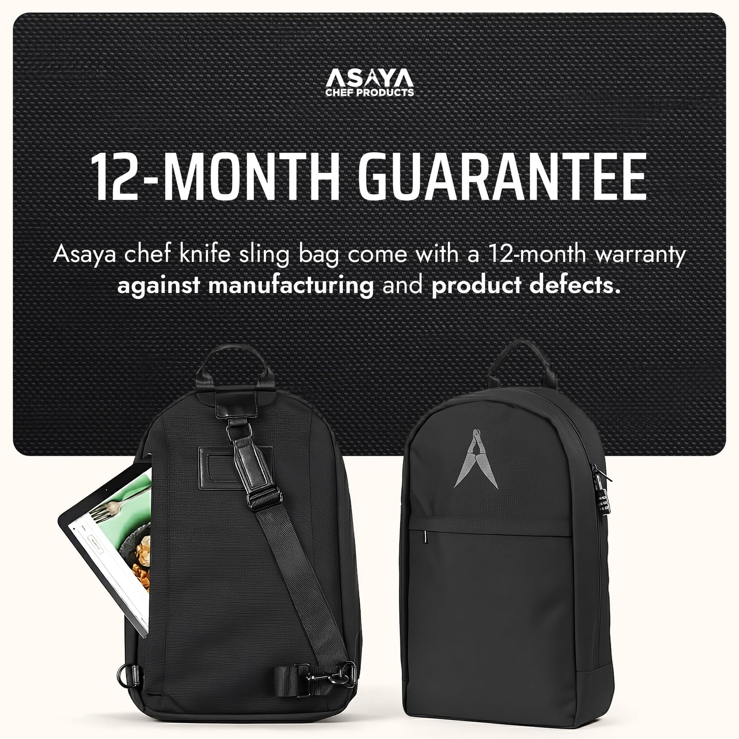Asaya Chef Knife Sling Bag - 29 Pockets for Knives and Kitchen Utensils - Business Card Holder and Lock - Water Resistant and Durable Ballistic Nylon Backpack for Chefs