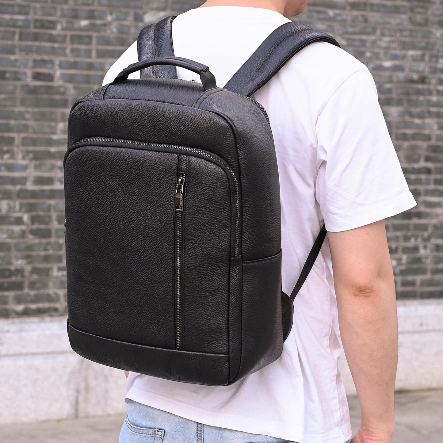 Yevabo Genuine Leather 15.6 Inch Laptop Backpack for Men, Multi Pocket Slim Daypack Shoulder Bag with Trolley Sleeve for Business Travel (Black)
