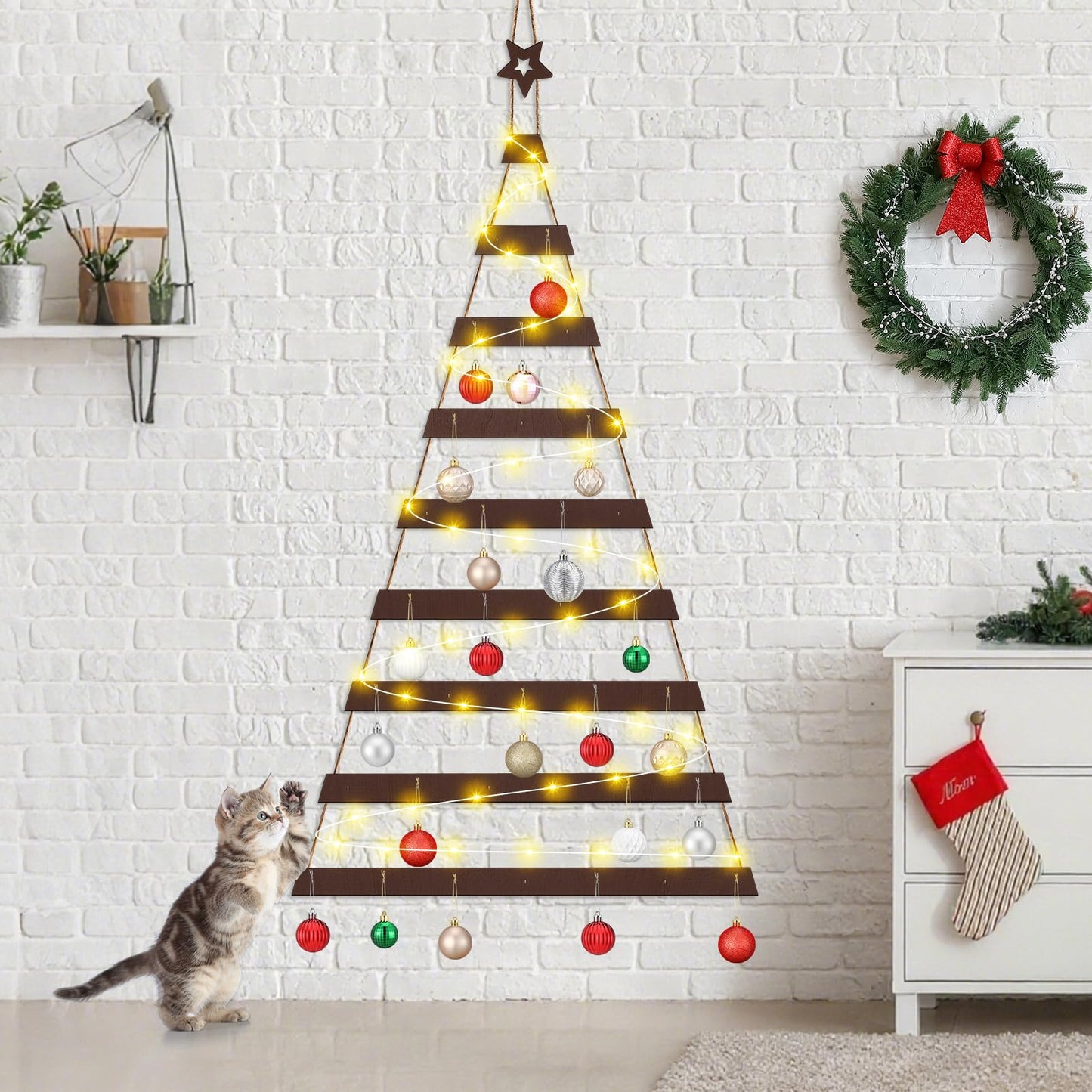 Vercraft Cat Proof Wall Christmas Tree with Light Hanging Mounted Wood Christmas Trees Wall Hanging Xmas Decor with Hooks Wooden Flat for Xmas Holiday Decoration Cat Home Indoor Office Party Supply