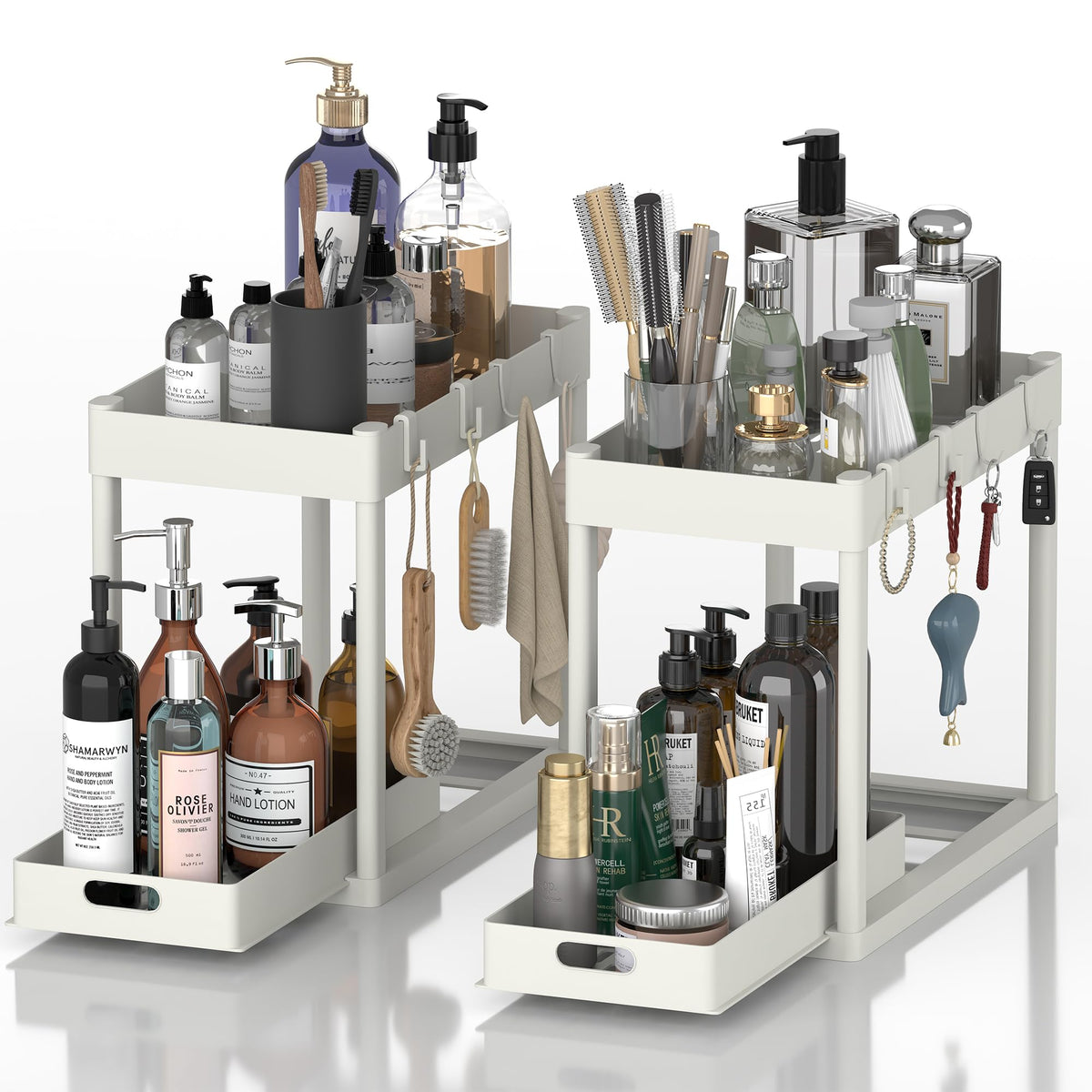 2PC Under Sink Organizer Rack 2 Tier Under Sliding Cabinet Basket Organizer Drawer with 4 Hooks, Multi-purpose Under Sink Storage for Bathroom Kitchen Desktop（Black）