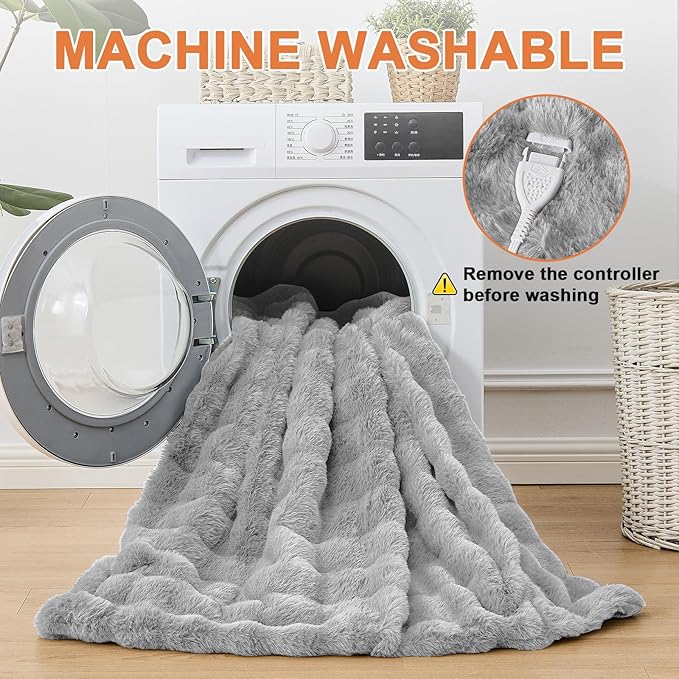 Heated Blanket Electric Throw Blanket 62''X 84''-Heating Blanket with 6 Heat Settings-10 Hours Auto Off,Cozy Faux Rabbit Fur Bubble Electric Blanket,Light Gray