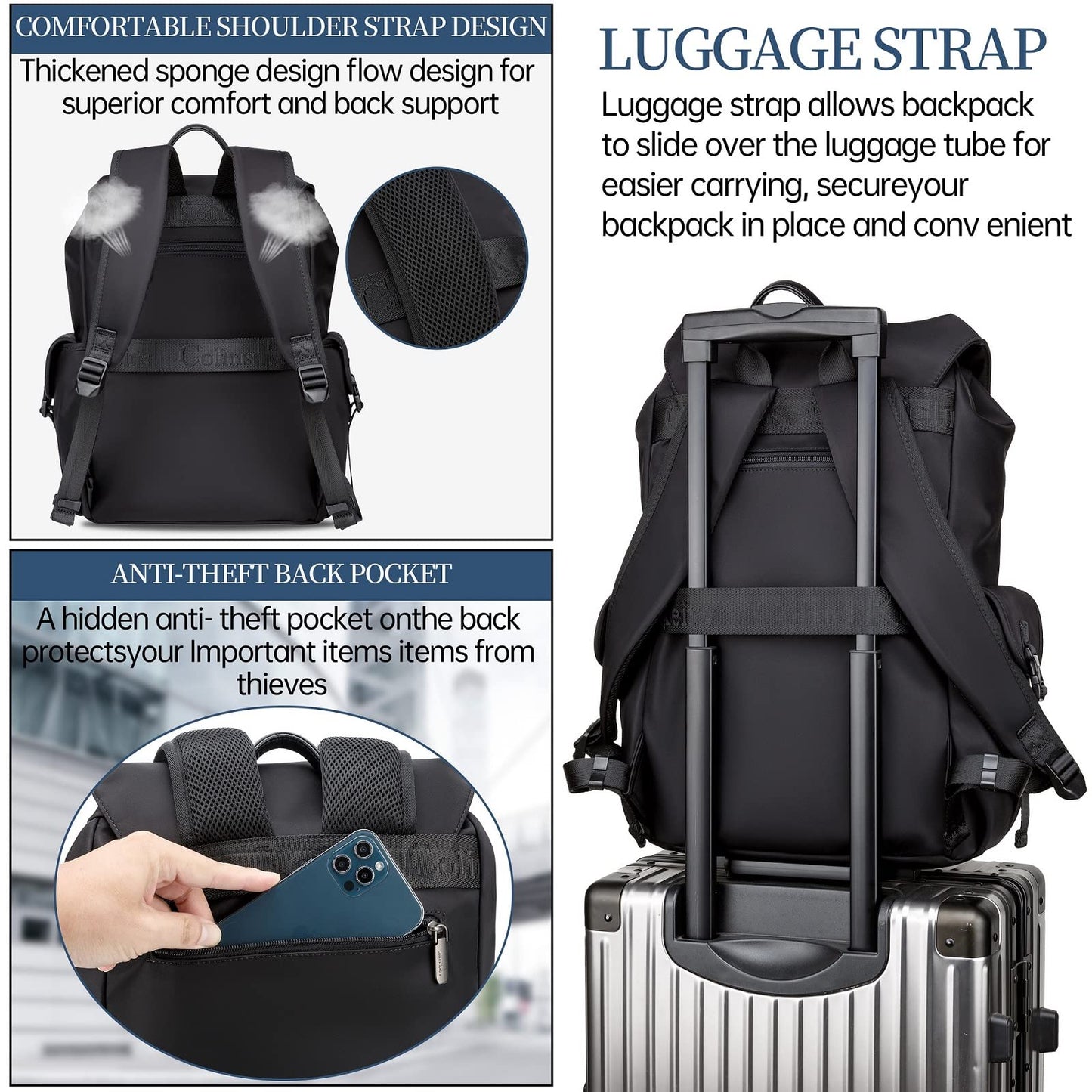 Colins Keirs Black Backpack for Men, 16 Inch Laptop Backpack with Computer Compartment, Slim Waterproof Drawstring Tech Backpack for Travel, Work, College & Daily Use