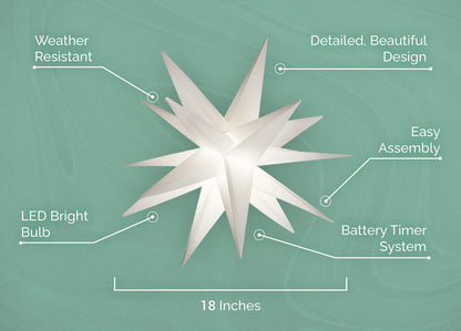 Elf Logic Large 18” Easy Assembly Warm White LED Moravian Star - Hanging Outdoor Christmas Light - Use as Holiday Decoration, Porch Light, 3D Fixture, Advent Star, Wedding & Ballroom Venue Decor