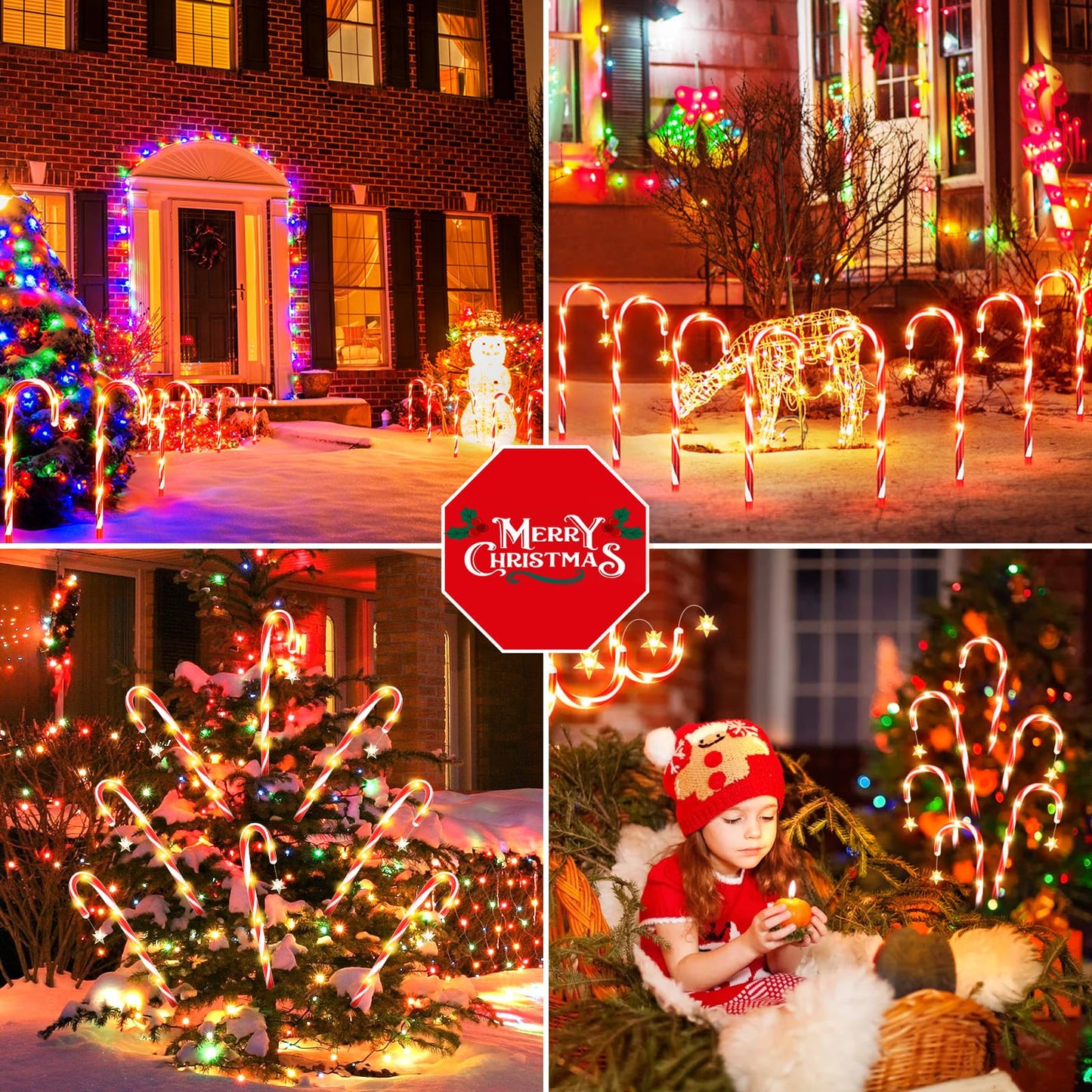 BUCASA 24 Pack Christmas Decorations Outdoor Solar Candy Cane Lights, 144 LEDs, 10 Modes, Waterproof, USB Rechargeable, Perfect for Yard, Garden, Pathway
