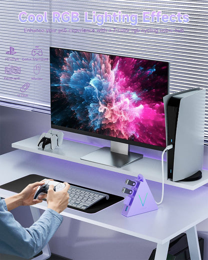 4-Port USB 3.0 Hub, FlyingVHUB Vertical Data USB Hub with 2 ft Extended Cable, for Mac, PC, Xbox One, PS4, PS5, iMac, Surface Pro, XPS, Laptop, Desktop, Flash Drive, Mobile HDD(Pink)