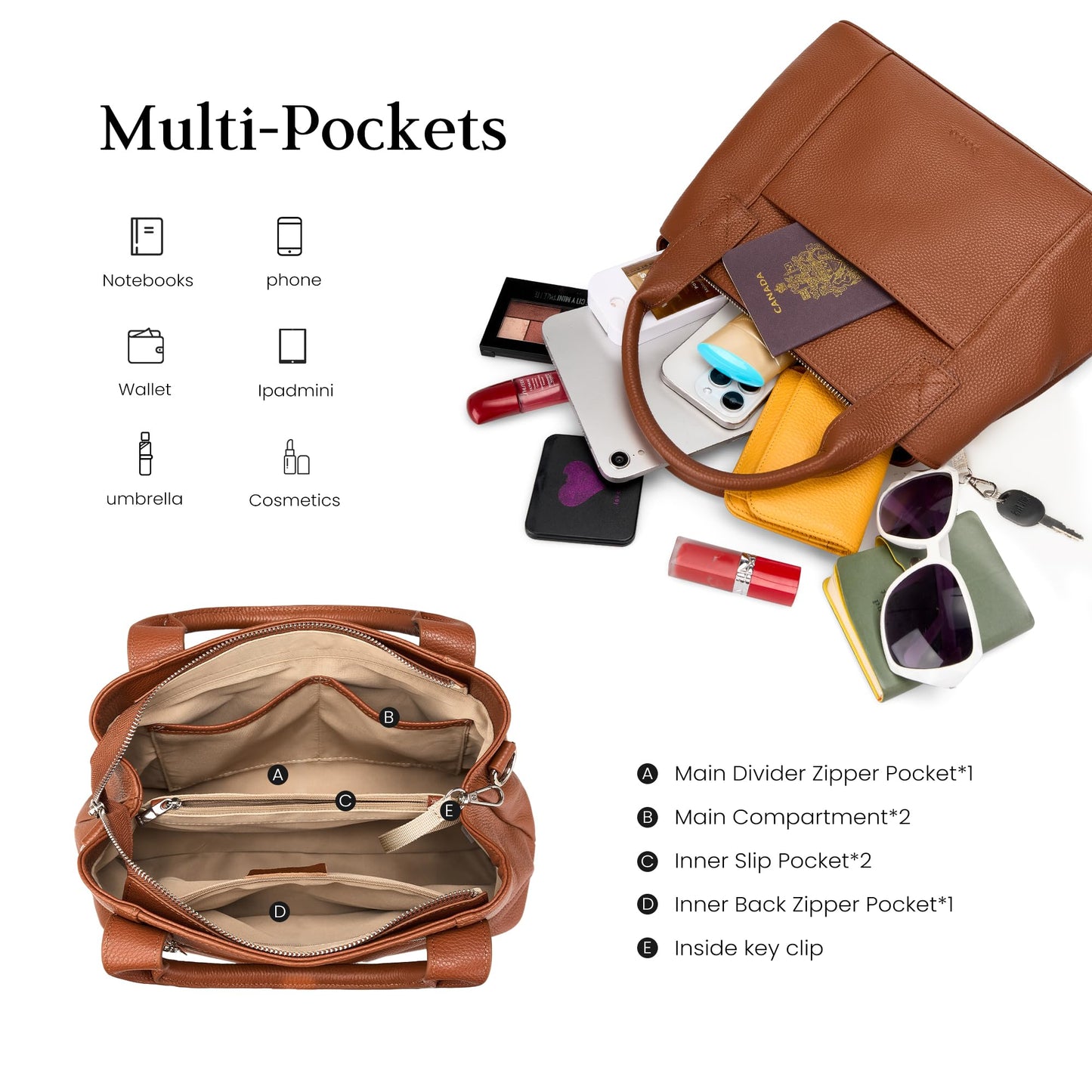 befen Womens Genuine Leather Purse and Handbags, Crossbody Shoulder Bags for Women, Small Satchel Tote Bag with Zipper Cognac Brown