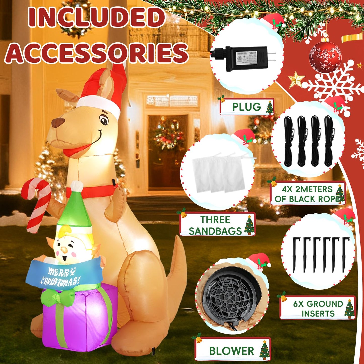 InfleasJoiy 6FT Kangaroo Afu Inflatable Decoration with Built-in LED Lights, Christmas Outdoor Inflatable Decoration for Lawns, Yards, Gardens, and Patios