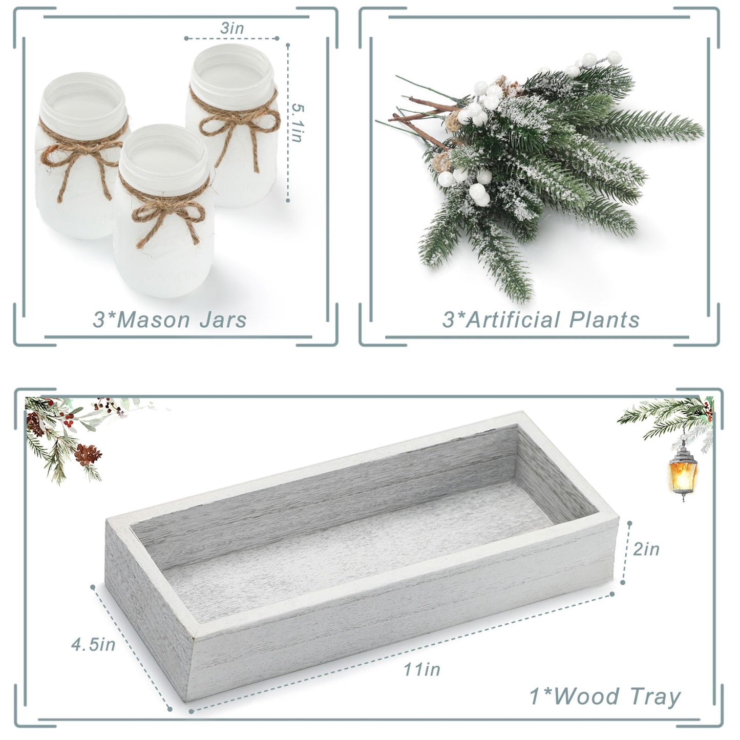 SUPREME LIGHTS ·2017· Christmas Mason Jars, Winter White Mason Jars, Christmas Centerpieces for Home Table Decor, Wood Tray & 3 Decorative Jars, Winter Farmhouse Dining Table Centerpieces Decoration